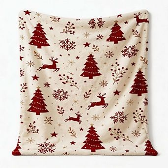 Christmas Holiday Blanket, Reindeer Pine Tree Snowflake Neutral Rustic Flannel Blanket