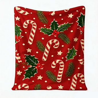 Christmas Holiday Blanket, Holly Leaf Candy Cane Star Traditional Xmas Flannel Blanket