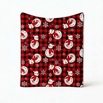 Christmas Holiday Blanket, Snowman Buffalo Plaid Rustic Seasonal Printed Flannel Blanket