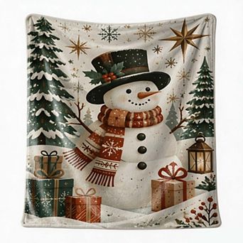 Christmas Holiday Blanket, Snowman Gift Pine Tree Winter Scene Flannel Blanket