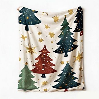 Christmas Holiday Blanket, Tiered Pine Tree Golden Star Elegant Winter Holiday Flannel Blanket