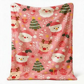 Christmas Holiday Blanket, Santa Reindeer Snowman Cute Cartoon Xmas Print Soft Flannel Blanket