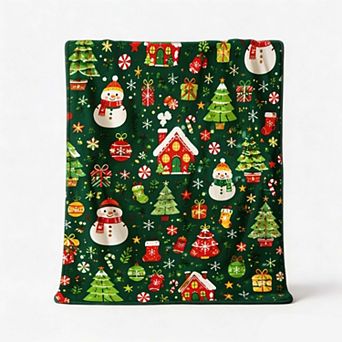 Christmas Holiday Blanket, Snowman Cabin Tree Dense Vintage Christmas Village Print Blanket