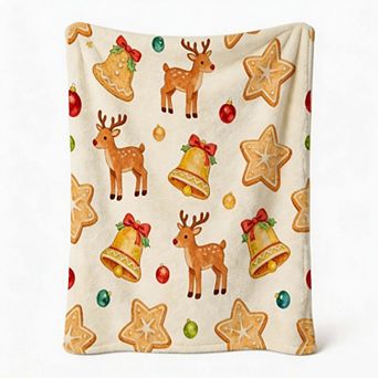 Christmas Holiday Blanket, Reindeer Bell Star Cookie Cute Winter Holiday Flannel Blanket