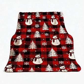 Christmas Holiday Blanket, Snowman Tree Buffalo Check Farmhouse Holiday Flannel Blanket