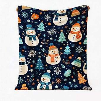 Christmas Holiday Blanket, Mini Snowman Pine Tree Snowflake Pattern Flannel Blanket
