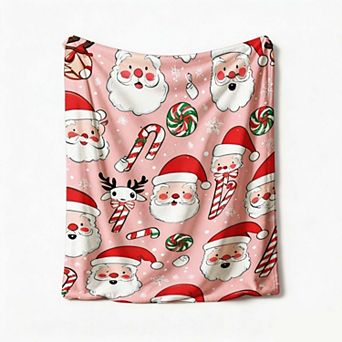 Christmas Holiday Blanket, Santa Face Candy Cane Reindeer Cute Xmas Character Blanket