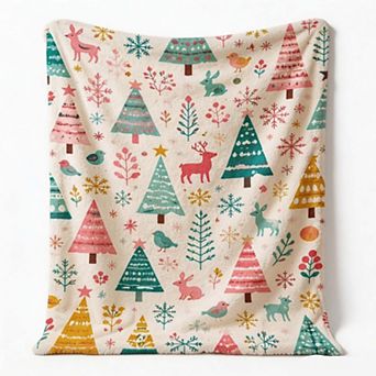 Christmas Holiday Blanket, Pastel Pine Tree Reindeer Botanical Whimsical Winter Blanket