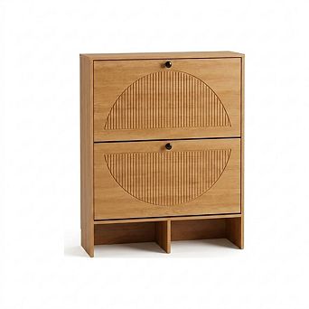 31.5 in W Narrow Shoe Cabinet with 2 Flip Drawers Adjustable Shelves and Anti-Tip Device Walnut