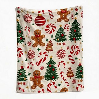 Christmas Holiday Blanket, Gingerbread Pine Tree Candy Ornament Whimsical Xmas Blanket