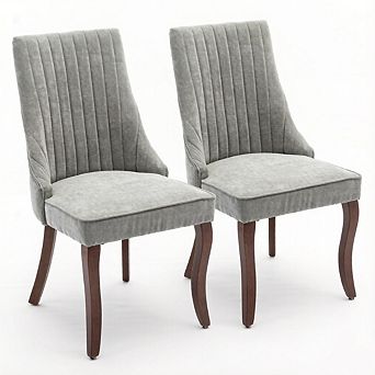 Set of 2 Dining Chairs, Rayon Flocking Upholstered with Curved Solid Wood Legs, High Back Comfy