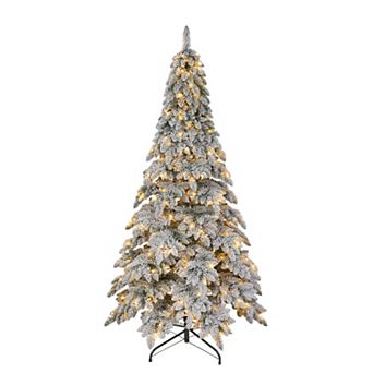 Tapered Flocked Artificial Christmas Tree with LED Lights Warm White and Foldable Metal Stand
