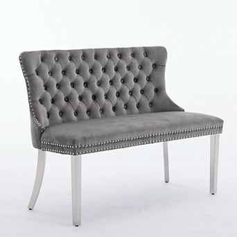 Velvet Tufted Dining Bench, 2-Seat Mid Century Modern Loveseat with Stainless Steel Legs, Single