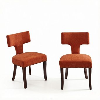 Set of 2 Mid Century Modern Dining Chairs, Farmhouse Linen Upholstered with Copper Nails