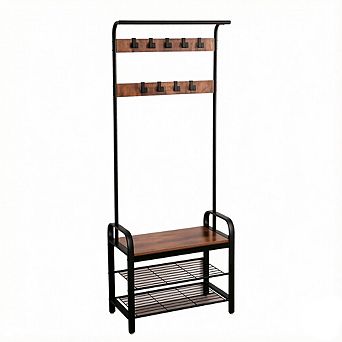 Hall Tree with Shoe Bench, 4-in-1 Coat Rack Entryway Bench, 9 Hooks, Rod, 13.8x25.2x72.8"