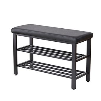 3 tier Shoe Bench with PU Seat Cushion, Metal Mesh Shoe Rack, Entryway Storage Organizer