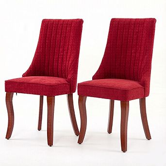 Set of 2 Dining Chairs, Rayon Flocking Upholstered with Curved Solid Wood Legs, High Back Comfy