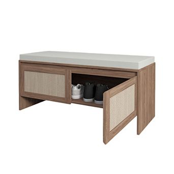 PP Rattan Storage Bench with Cushion, 2-Door Faux Rattan Shoe Cabinet, Mid-Century Entryway Seat