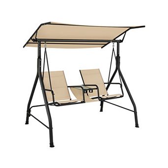 2-Seat Cushioned Porch Swing with Adjustable Canopy and Side Table