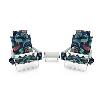 2 Pack Folding Backpack Beach Chair Set with Side Table and 5-Position Recline