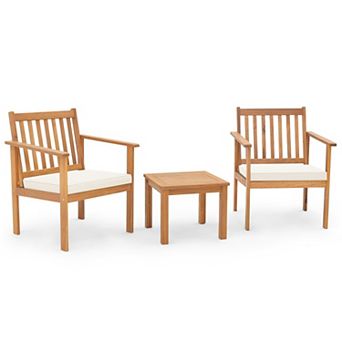 3 pc Patio Acacia Wood Chair Set with Cushions and Coffee Table