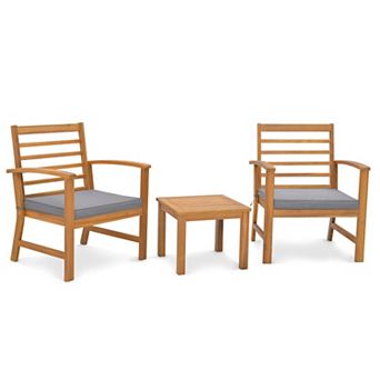 3 pc Acacia Wood Patio Furniture Set with Cushioned Chairs