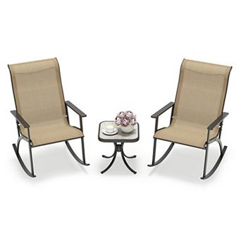 3 pc Outdoor Rocking Bistro Set with Side Table and Cushioned Seats