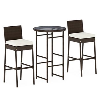 3 pc Patio Wicker Bar Set with Cushioned Barstools