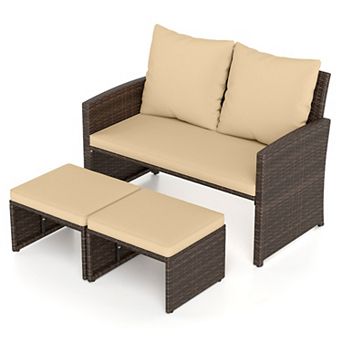 3 pc Patio Wicker Loveseat Set with Ottoman Cushions