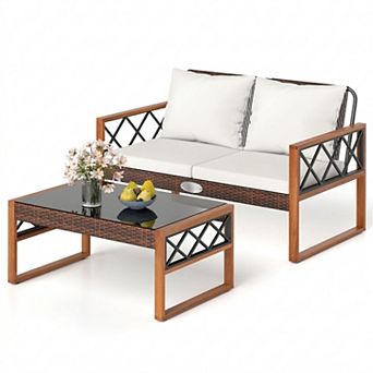 2 pc Patio Wicker Loveseat and Coffee Table Set