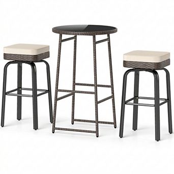 3 pc Outdoor Swivel Bar Set with PE Rattan and Tempered Glass Table