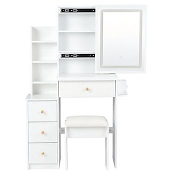 Heybly 29 Inch Vanity Desk with LED Sliding Mirror and Stool, Power Outlet, Hair Dryer Holder