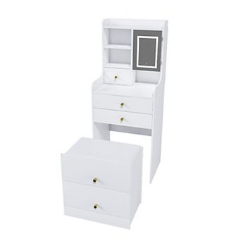 Heybly 3 in 1 Vanity Desk with LED Mirror and Storage Stool, 4 Drawers Cabinet Shelves