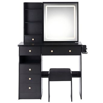Heybly 36 Inch Vanity Desk with LED Sliding Mirror and Stool, Power Outlet, Hair Dryer Holder