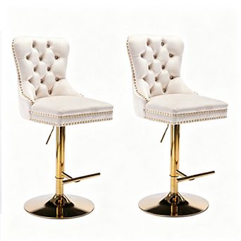 Gold Velvet Bar Stools Set of 2, with Backrest and Nailheads Trim, for Home Pub and Kitchen Island