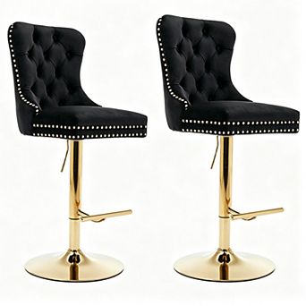 Gold Velvet Bar Stools Set of 2, with Backrest and Nailheads Trim, for Home Pub and Kitchen Island