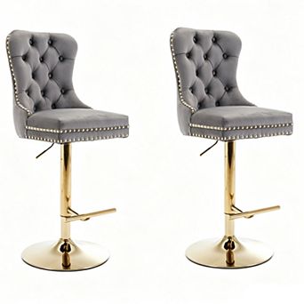 Gold Velvet Bar Stools Set of 2, with Backrest and Nailheads Trim, for Home Pub and Kitchen Island