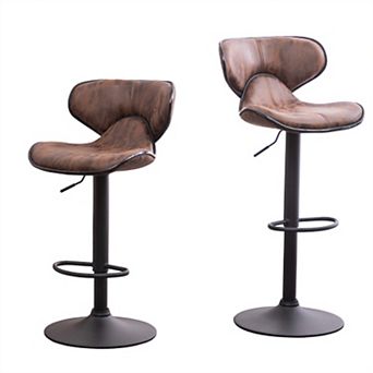 Weathered Bar Stools Set of 2, with Backrest and Footrest, Chrome Base and Leather Seat