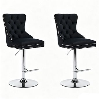 silver Velvet Bar Stools Set of 2,with Backrest and Nailheads Trim,for Home Pub and Kitchen Island