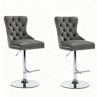 silver Velvet Bar Stools Set of 2,with Backrest and Nailheads Trim,for Home Pub and Kitchen Island