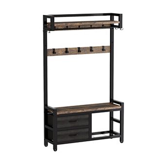 Heybly 5-in-1 Entryway Hall Tree with 23 Hooks, Movable Drawers, Shoe Storage & Bench, Metal Frame