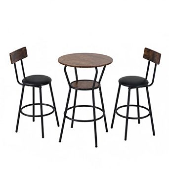 Heybly Round Bar Table & Stool Set with Shelf, Upholstered Backrest Stools, Metal & Wood