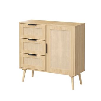 Heybly Rattan Wood Dresser with 3 Drawers & Adjustable Shelf, Storage Cabinet for Bedroom