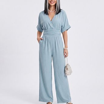 Women's Surplice Jumpsuit Short Sleeve Wide Leg One Piece