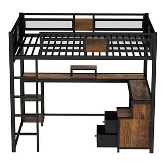 Heybly Queen Loft Bed with Desk and Storage Drawers, Space-Saving Metal Frame with Guardrails