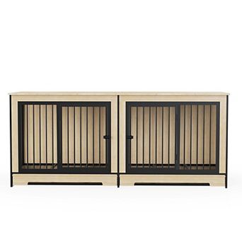 Heybly XL Large Double Dog Crate Furniture with Two Combined Rooms, Wooden Dog Kennel