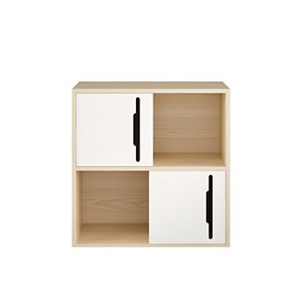 Heybly Storage Cabinet with Sliding Doors, 2 tier Organizer with Open & Closed Shelves
