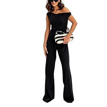 Women Draped Off Shoulder Jumpsuit Sleeveless High Waist Straight Leg Hidden Side Zipper Romper