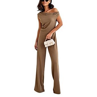 Women Draped Off Shoulder Jumpsuit Sleeveless High Waist Straight Leg Hidden Side Zipper Romper