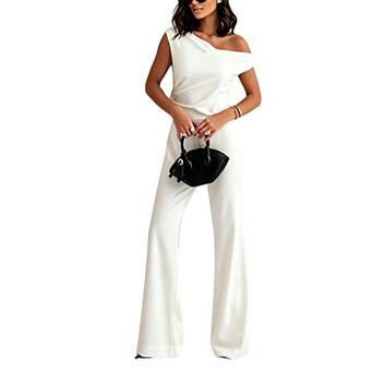 Women Draped Off Shoulder Jumpsuit Sleeveless High Waist Straight Leg Hidden Side Zipper Romper
